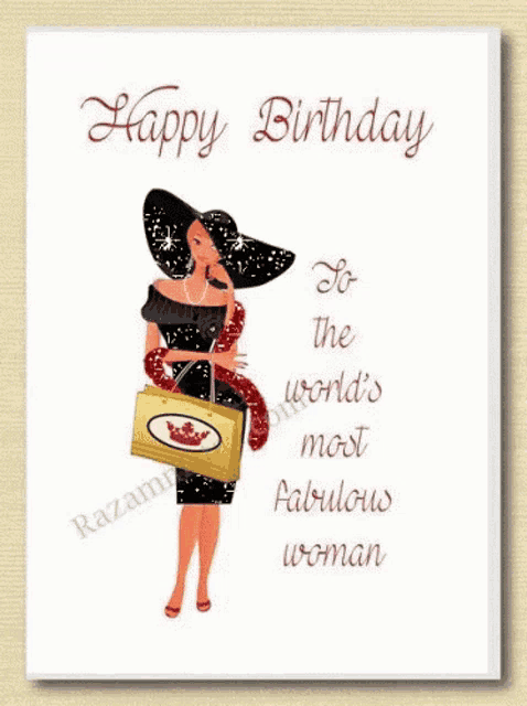 a happy birthday card with a woman in a hat holding a bag .