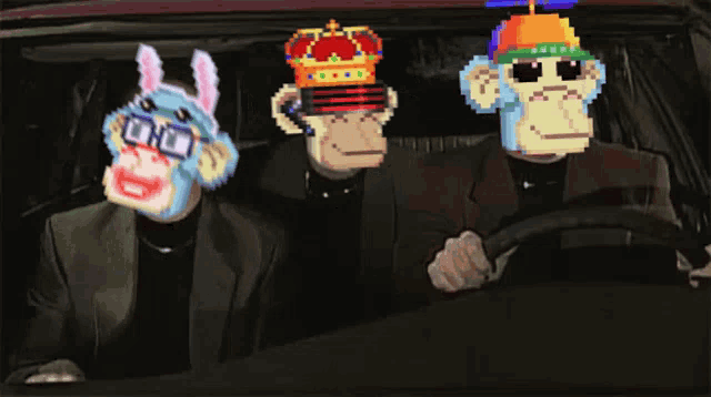 three pixelated monkeys are driving a car and one has a crown on his head