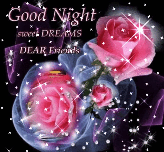 a good night greeting card with pink roses and stars