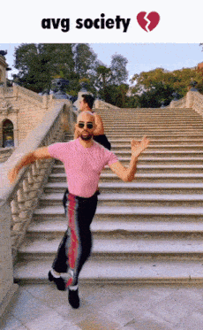 a man in a pink shirt and black pants is dancing on a set of stairs with the words avg society above him