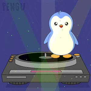 a penguin is standing on top of a turntable with the word pengu on the bottom right