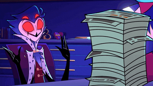 a cartoon character with red eyes is sitting in front of a stack of paper