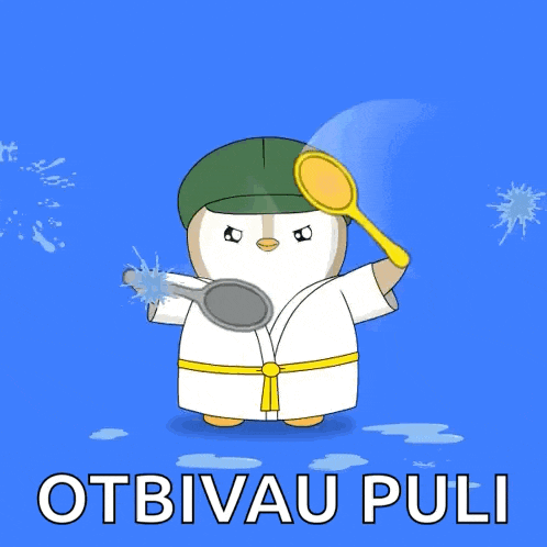 a cartoon of a penguin holding a spoon and the words " otbivau puli "