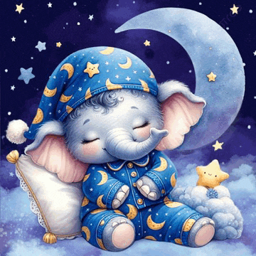 an elephant in pajamas is sleeping on a pillow under the moon