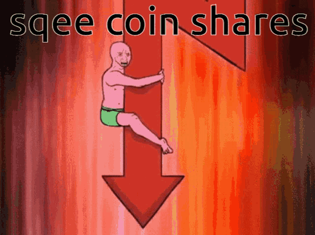 a cartoon of a man holding onto a red arrow with the words " sqee coin shares " above him