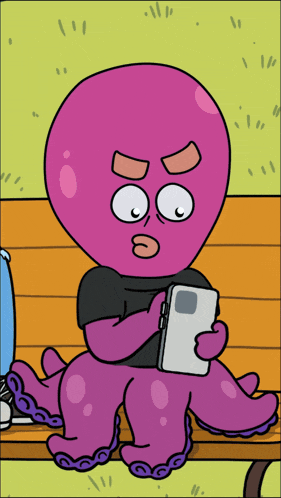 a cartoon octopus sitting on a bench looking at a cell phone