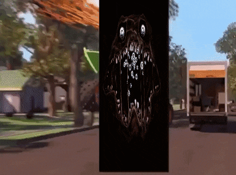 a cartoon drawing of a monster with a truck in the background and a house in the background