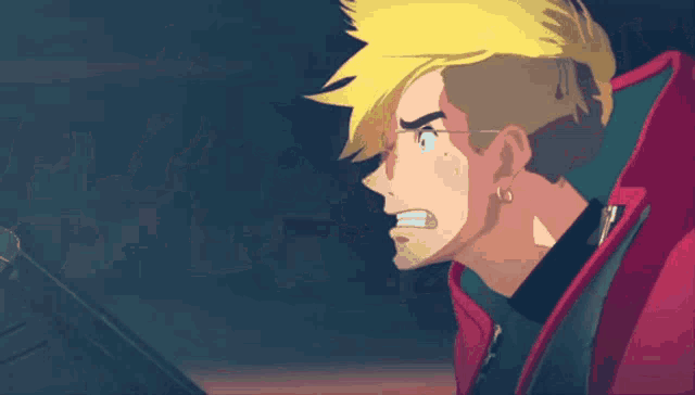 a cartoon of a man with a robotic arm and a red jacket