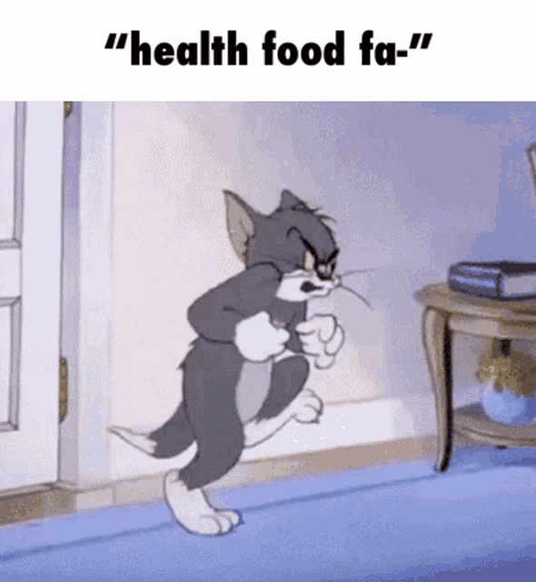 a cartoon of tom and jerry with the words " health food fa "