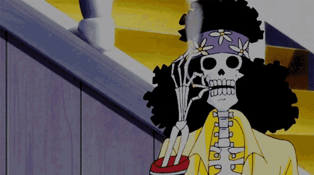 a cartoon skeleton is smoking a cigarette and wearing a headband with flowers