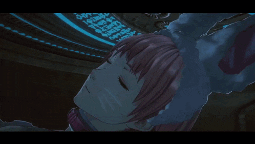 a girl with pink hair is laying down in front of a blue circle with writing on it