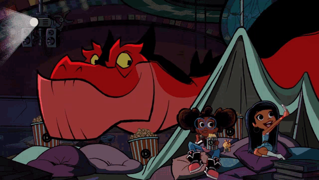 a cartoon of two girls sitting in a tent with a red dragon behind them