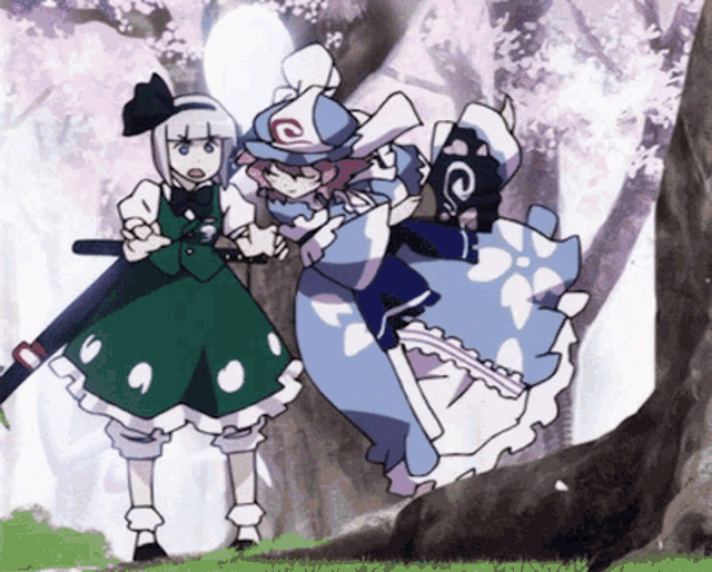 two anime characters are standing next to each other and one has a sword