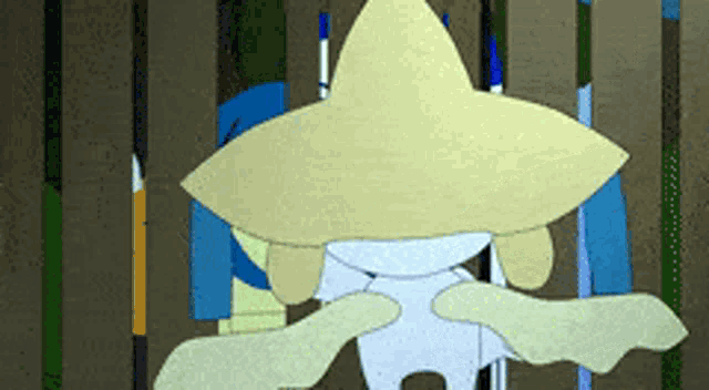 a cartoon character wearing a yellow hat is standing in a forest