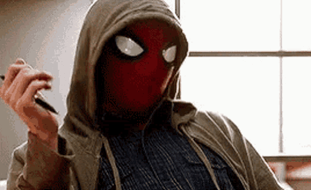 a man wearing a spiderman mask and a hoodie is holding a pen in his hand .