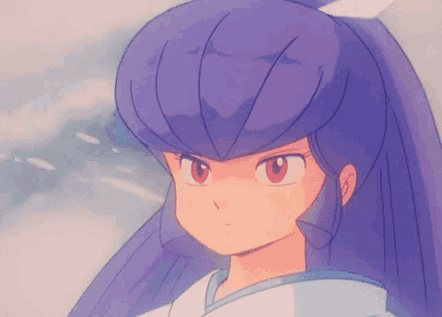 a girl with purple hair and red eyes looks to the side