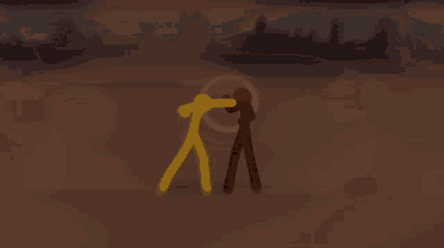 a yellow stick figure and a red stick figure are fighting