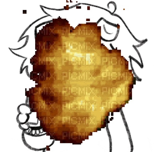a pixel art drawing of a person holding a fried chicken nugget with the words picmix written in the background