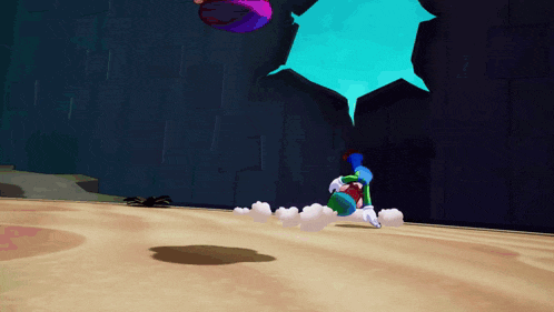 a cartoon character is crawling on the ground with a speech bubble in the background