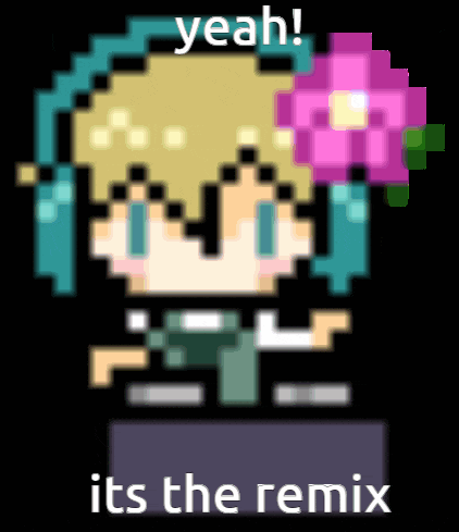a pixel art of a girl holding a pink flower with the words yeah it 's the remix below it