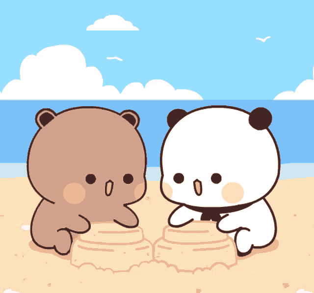 two cartoon bears are playing with sand on the beach