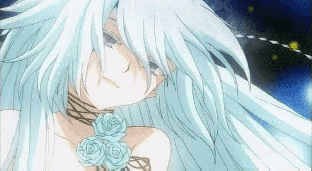a close up of a girl with white hair and blue roses around her neck