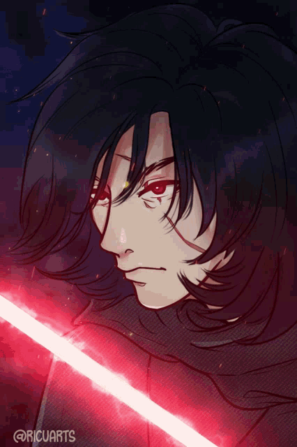 a drawing of a person holding a red light saber with the hashtag @ricuarts on the bottom