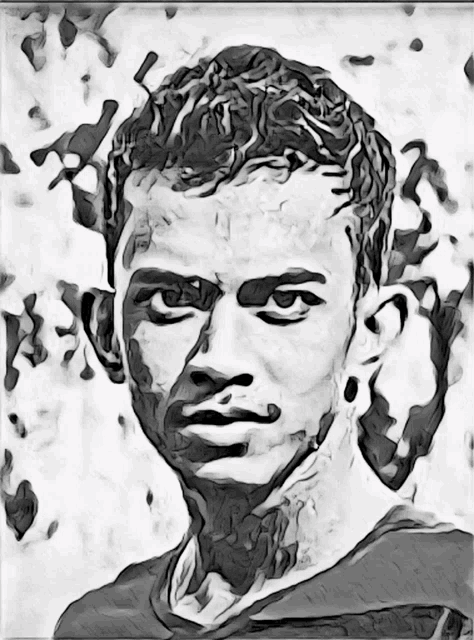 a black and white drawing of a man 's face looking at the camera