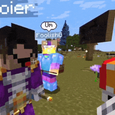 two minecraft characters are standing next to each other and one of them has a speech bubble that says " um "