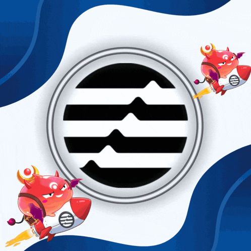 a cartoon character with horns is flying in front of a circle with the letter r on it