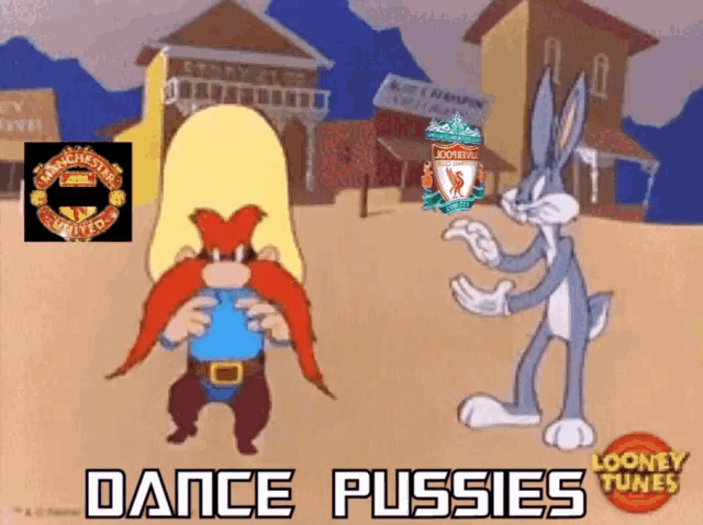 a cartoon of bugs bunny and elmer fudd with the words dance pussies below them