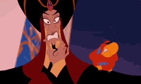 a cartoon character with an angry look on his face is standing next to a red parrot