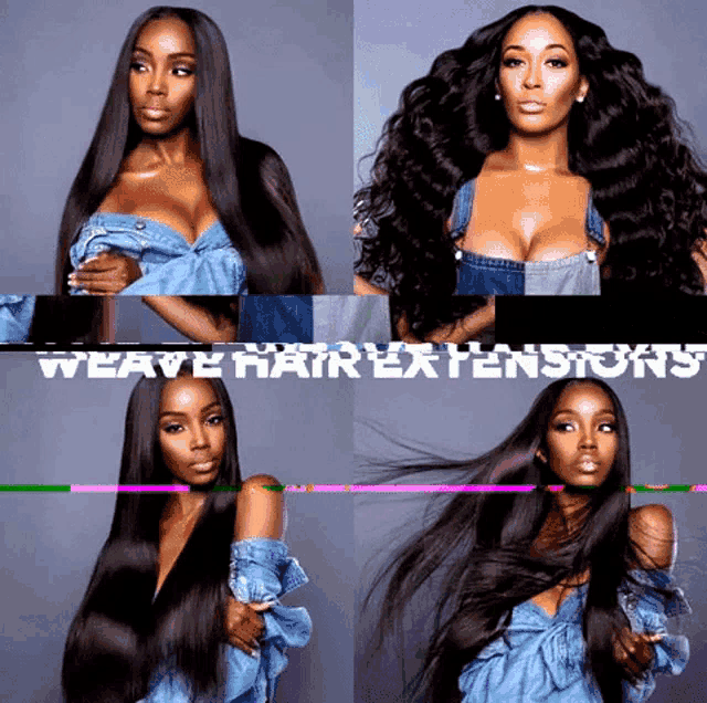 a collage of four pictures of a woman with the words weave hair extensions above her