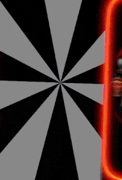 a black and white striped background with a red circle in the center