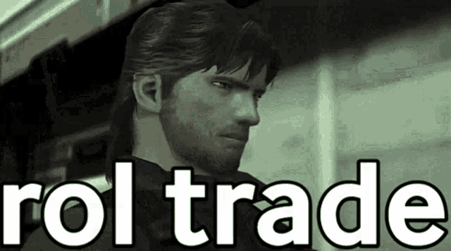 a man with a beard is standing next to the words " rol trade "