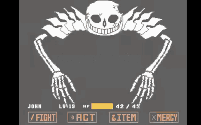 a video game screen shows a skeleton with the words fight act and item at the bottom