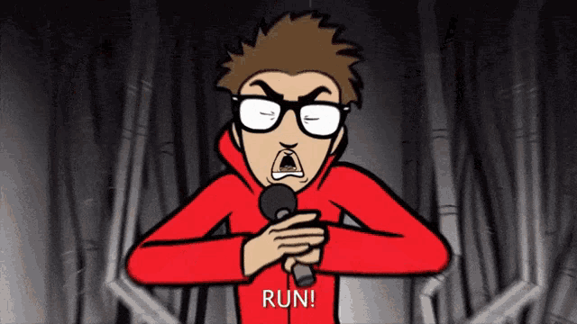 a cartoon of a man holding a microphone with the word run written on his shirt
