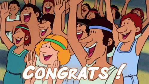 a group of people are celebrating with the words congrats written on the bottom