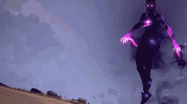 a person with purple eyes and purple glowing hands is standing in the air .