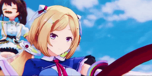 two anime girls are standing in front of a blue sky with clouds