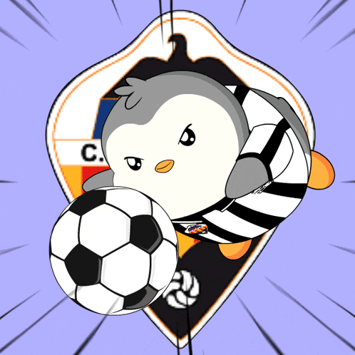 a cartoon of a penguin holding a soccer ball in front of a badge that says c.