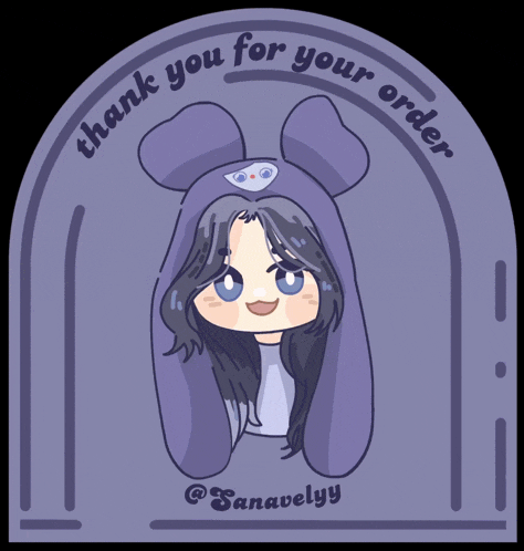 a thank you for your order sticker with a girl wearing a purple bear hat