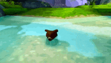 a bear is swimming in a lake in a video game