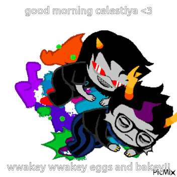 a cartoon of two trolls with the words good morning celestiya < 3