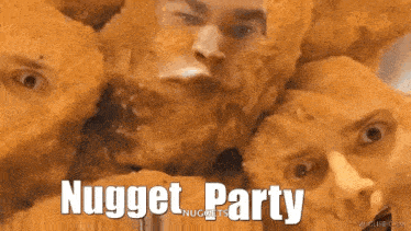a bunch of chicken nuggets are stacked on top of each other with the words nugget party on the bottom