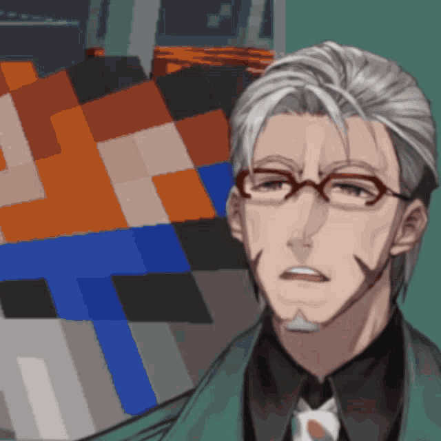 a man wearing glasses and a tie stands in front of a pixelated background