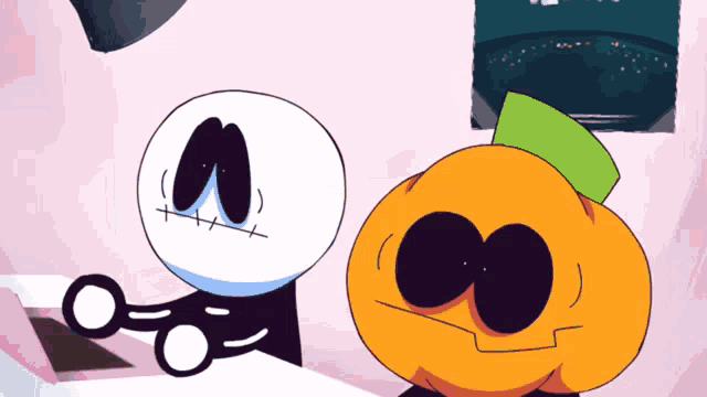 two cartoon characters , a skeleton and a pumpkin , are standing next to each other in a room .