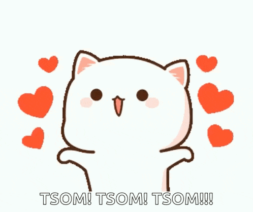 a cartoon cat is surrounded by red hearts and says tsom tsom tsom !