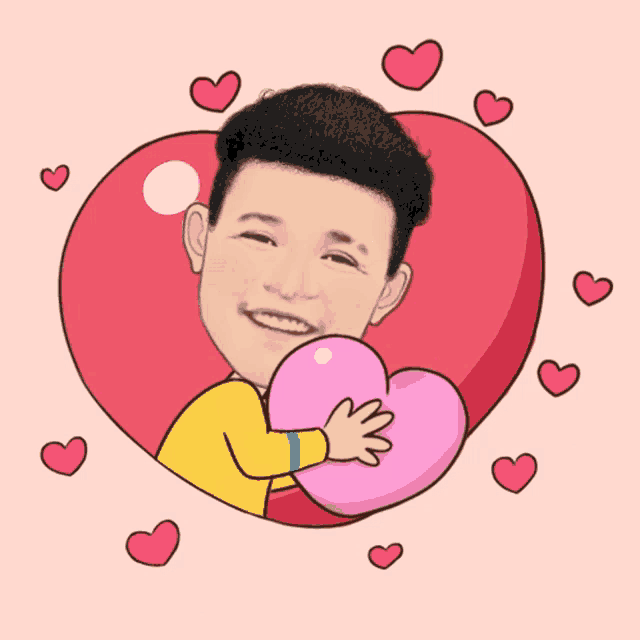 a cartoon of a man hugging a pink heart with hearts around him