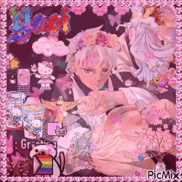 a picture of a boy with flowers in his hair is surrounded by pink flowers and a fairy